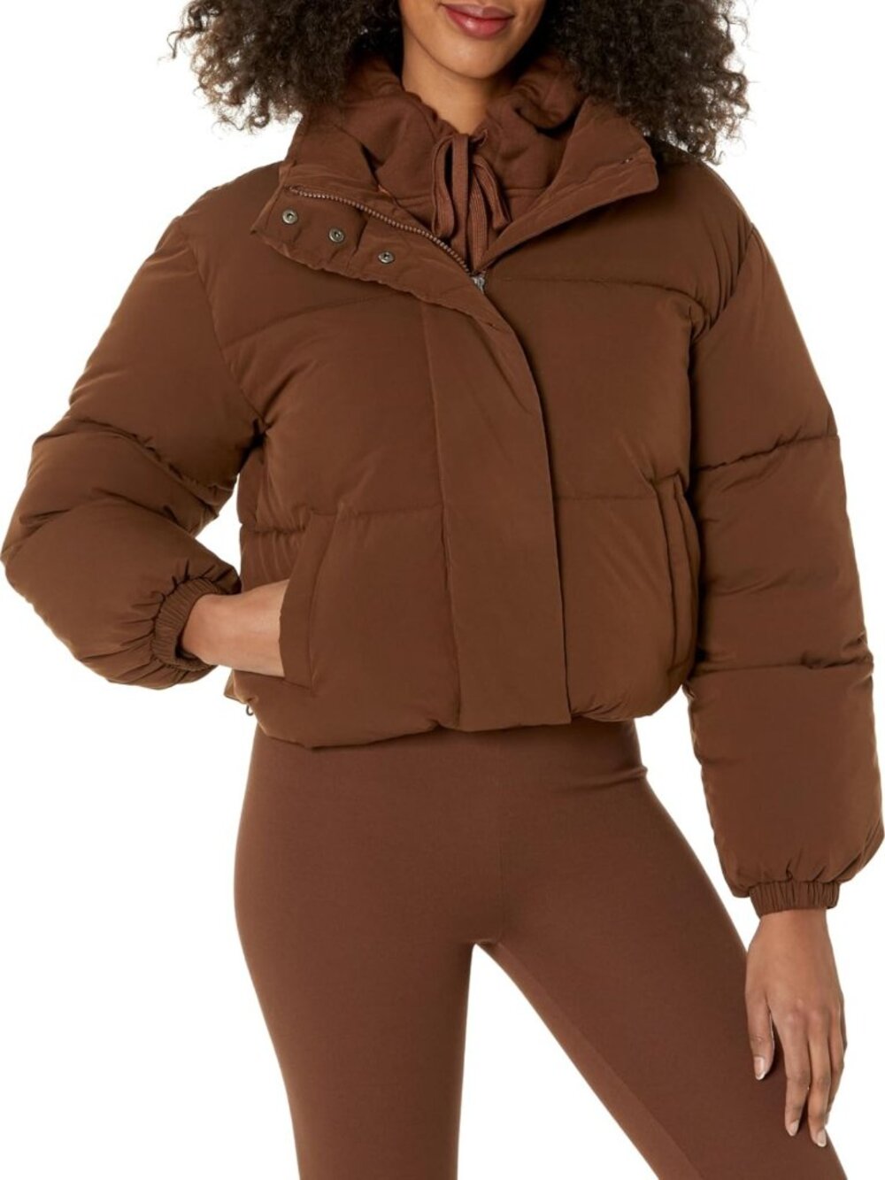 Cozy Women's Cropped Full-Zip Puffer Jacket, Quilted Matte & Sherpa Fleece